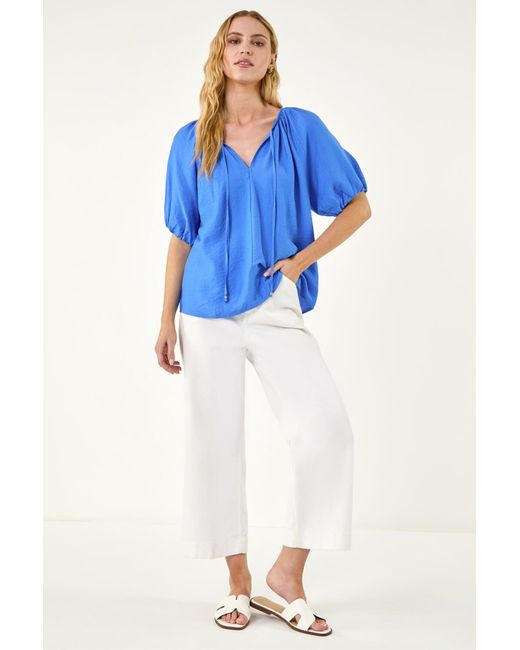 Roman Blue Tie Front Raglan Sleeve Top