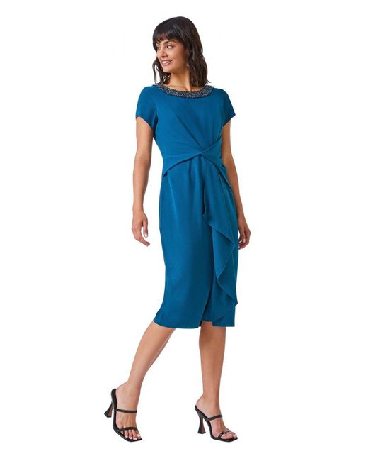 Roman Blue Embellished Twist Waist Stretch Ruched Dress