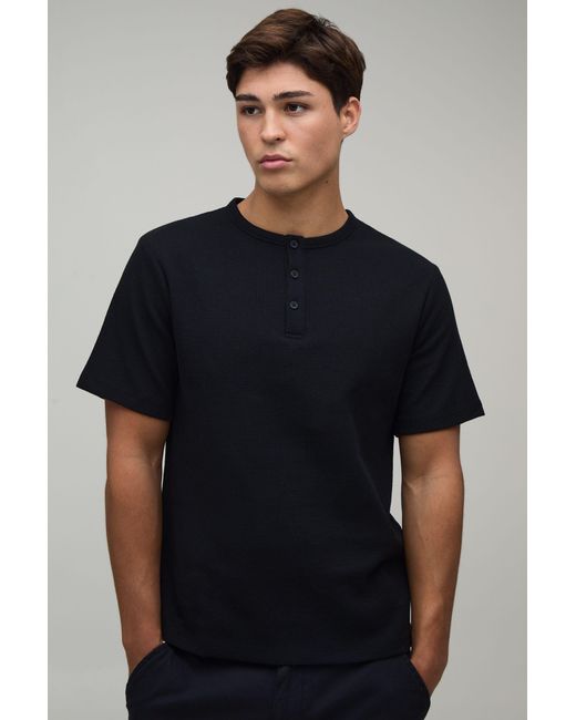 BoohooMAN Black Slim Fit Waffle Henley T-Shirt for men