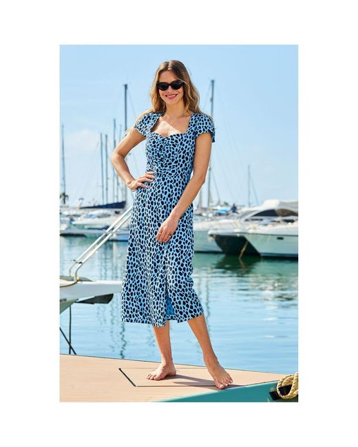 Sosandar Blue Fleck Print Ruched Front Midi Dress