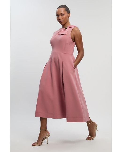 Karen Millen Pink Plus Size Compact Stretch Bow Tie Neck Trim Detail Tailored Full Midi Dress
