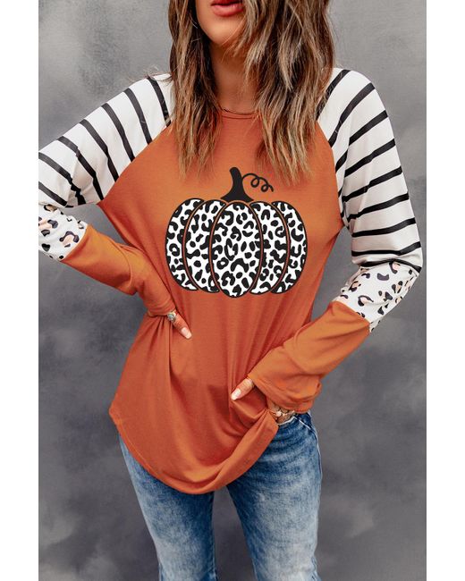 Azura Exchange Oranje Luipaard Pompoen Grafisch Contrast Lange Mouw Top in het Gray