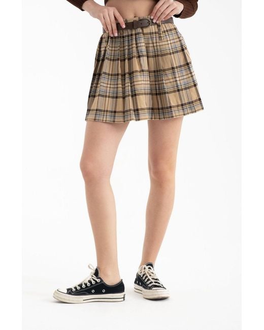 Hiccup Brown Checked High Waist Pleated Mini Skirt With A Belt Detail