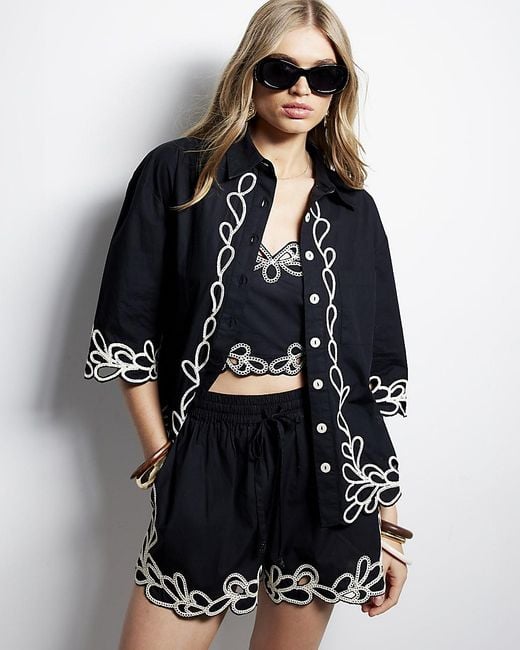 River Island Blue Boxy Embroidered Shirt