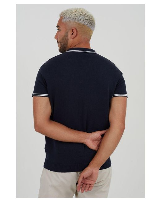 Brave Soul Blue 'Campos' Short Sleeve Button Through Knitted Polo for men