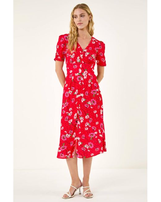 Roman Red Floral Ruched Sleeve Dress