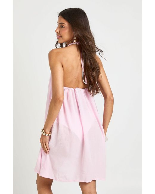 Boohoo Pink Cheesecloth Halter Mini Beach Dress