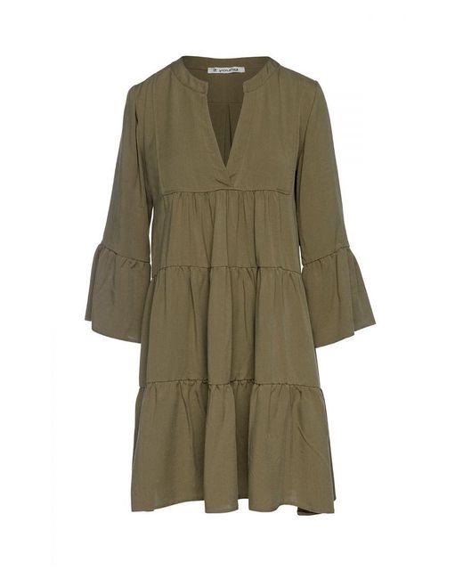 Conquista Green Khaki Tencel Gathered Seams Dress