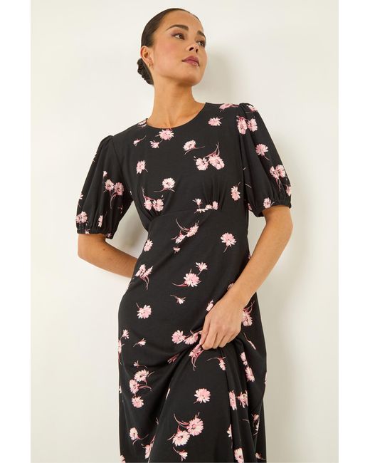 Roman Black Petite Floral Stretch Midi Dress
