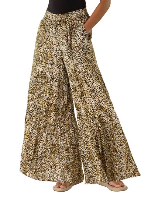 Roman Brown Animal Print Tiered Palazzo Trouser