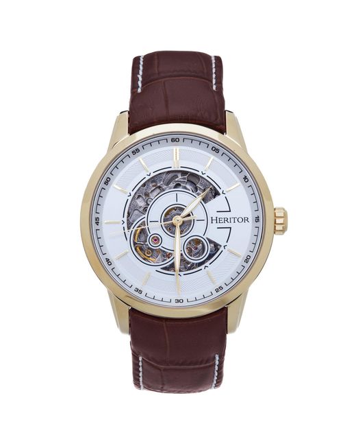 Heritor Metallic Davies Semi-Skeleton Leather-Band Watch for men