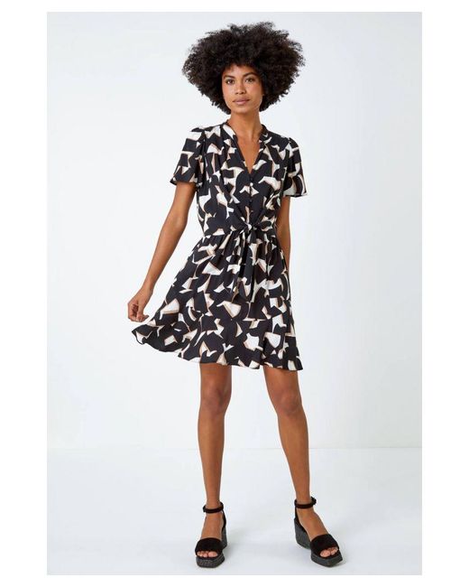 Roman Black Geometric Print Frill Hem Dress