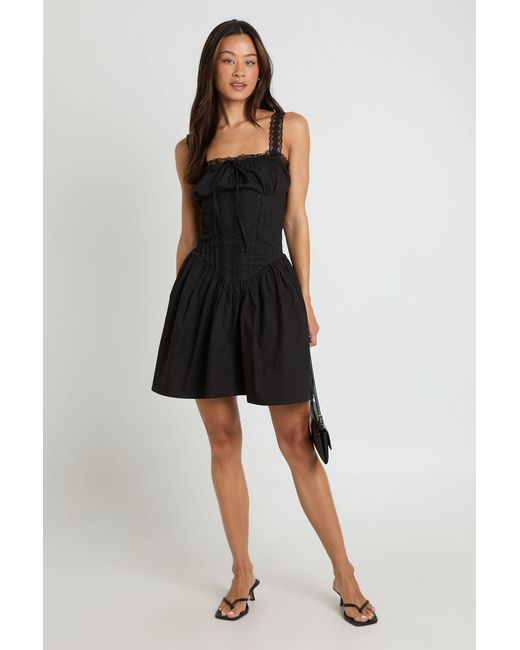 Boohoo Black Tall Lace Trim Ruched Bust Mini Dress