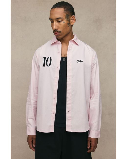 BoohooMAN Natural Regular Fit Number Embroidered Long Sleeve Shirt for men