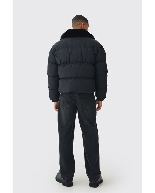 BoohooMAN Blue Boxy Faux Fur Collar Puffer Jacket In Black for men