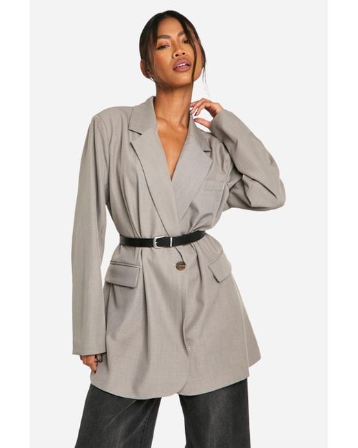 Boohoo Natural Marl Longline Belted Tailored Blazer
