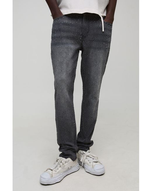 BoohooMAN Gray Slim Flared Clear Rhinestone Embellished Denim Jeans for men