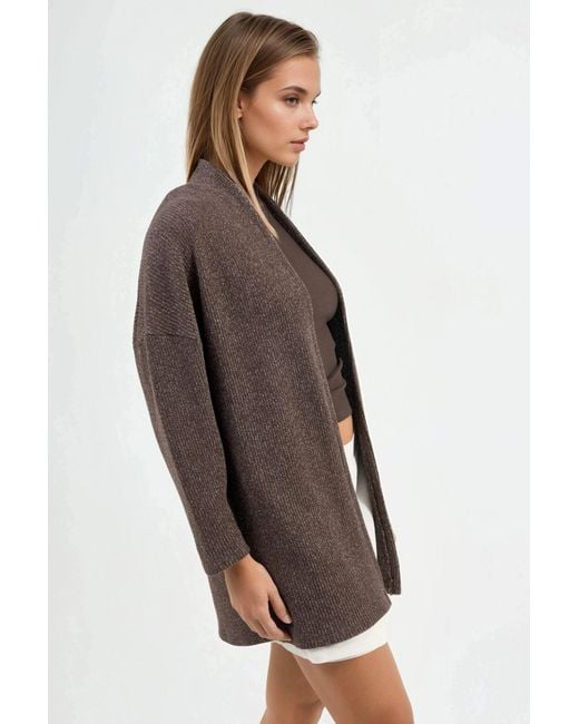 Busem Brown Long Ribbed Knit Cardigan With Open Collar