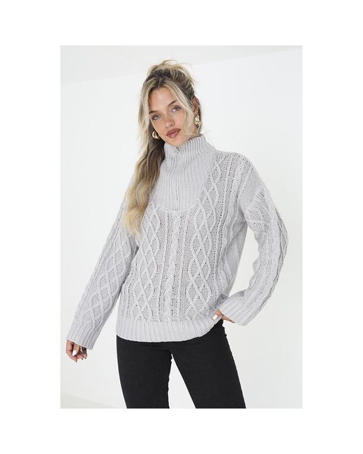 Brave Soul Gray Grey 'sonya' Cable Knit Jumper With Zip Neck