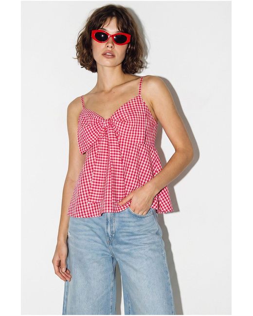 Bianco Lucci Red Cotton-Blend V-Neck Cami Blouse With Bow Detail