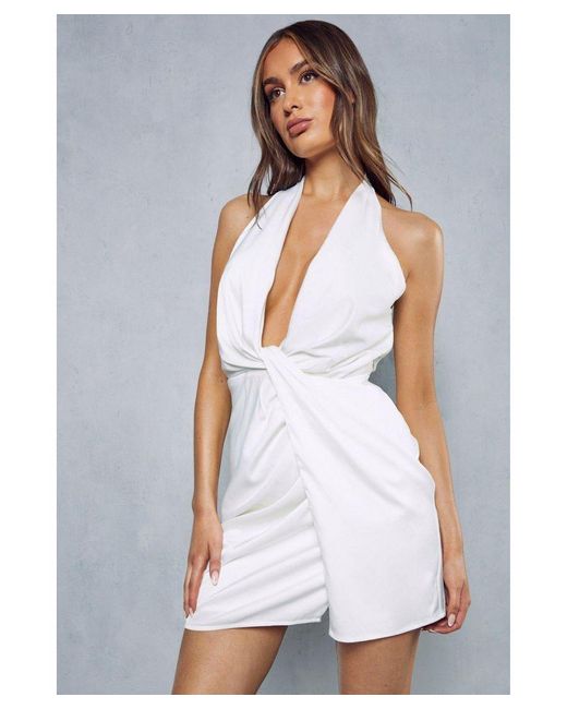 MissPap White Premium Satin Twist Detail Mini Dress
