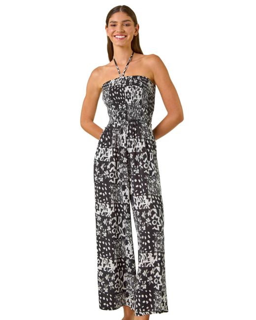 Roman White Abstract Print Shirred Bandeau Jumpsuit