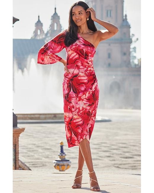 Sosandar Red Floral Print One Shoulder Midi Dress