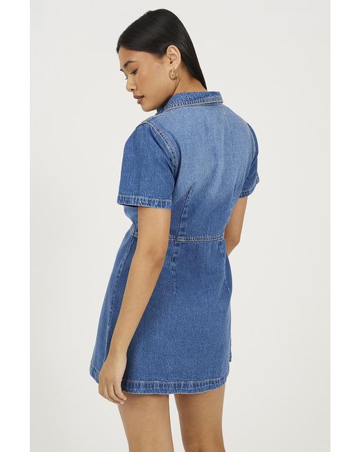 Brave Soul Blue Mid Collared A-Line Denim Mini Dress