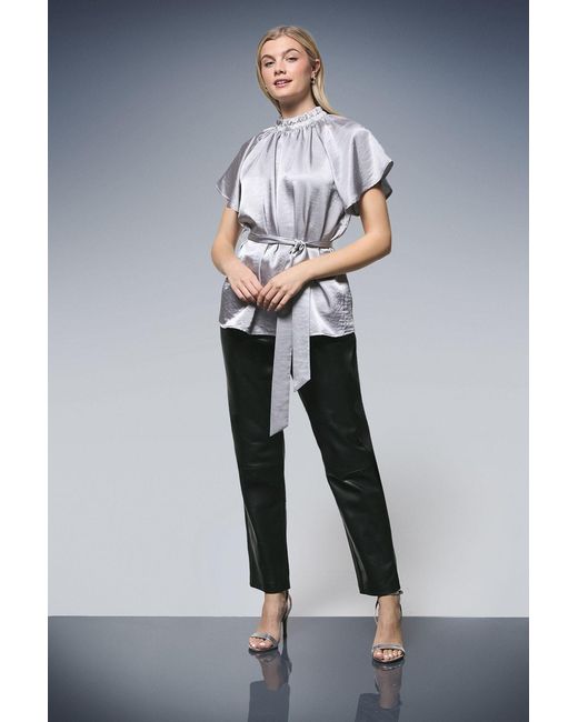 PRINCIPLES Gray Gathered Neck Tie Waist Satin Blouse