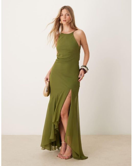 ASOS Green Racer Neck Low Cowl Back Maxi Dress With High Low Frill Hem