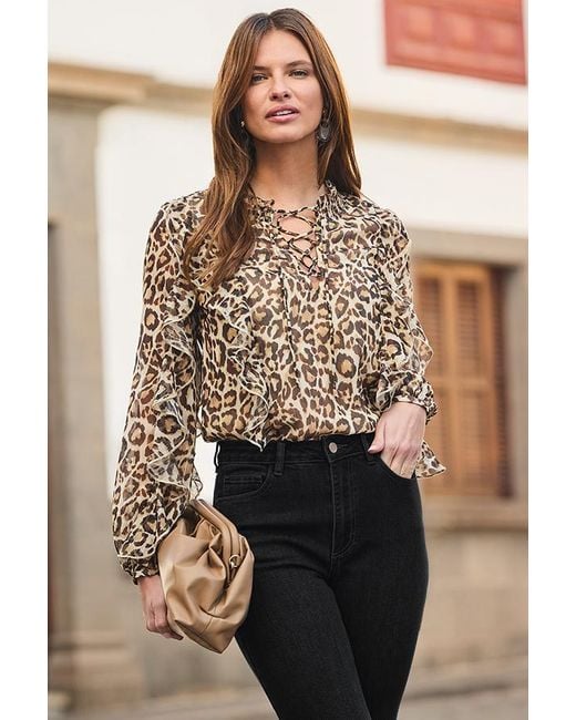 Sosandar Brown Petite Leopard Print Lace Up Blouse