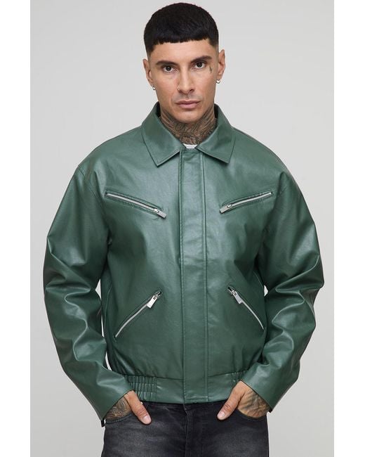 BoohooMAN Green Tall Boxy Fit Zip Detail Pu Collared Bomber Jacket for men