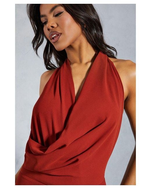 MissPap Red Chiffon Draped Neck Low Back Flare Leg Jumpsuit