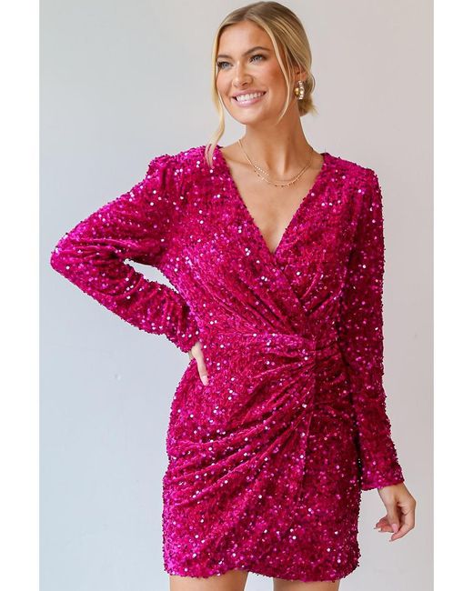 Azura Exchange Red Pitaya Samt Pailletten Langarm V-Ausschnitt Wickel Mini-Kleid