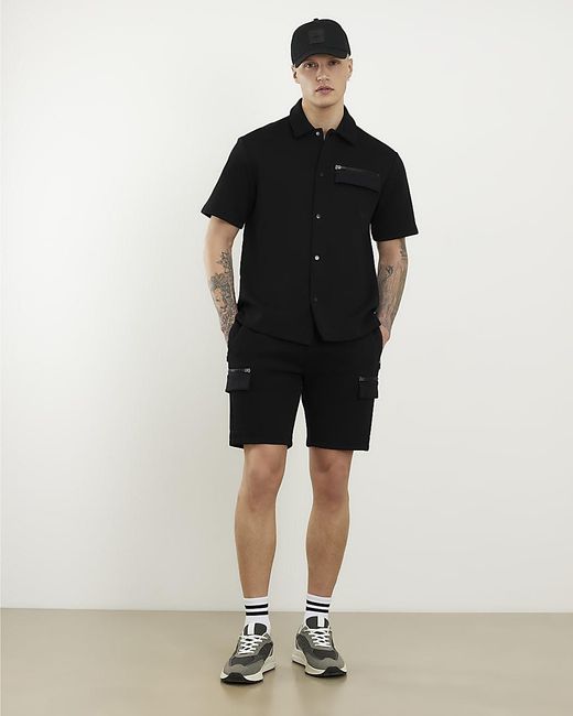 River Island Black Shirt Regular Fit Premium Short Sleeve Cotton for men