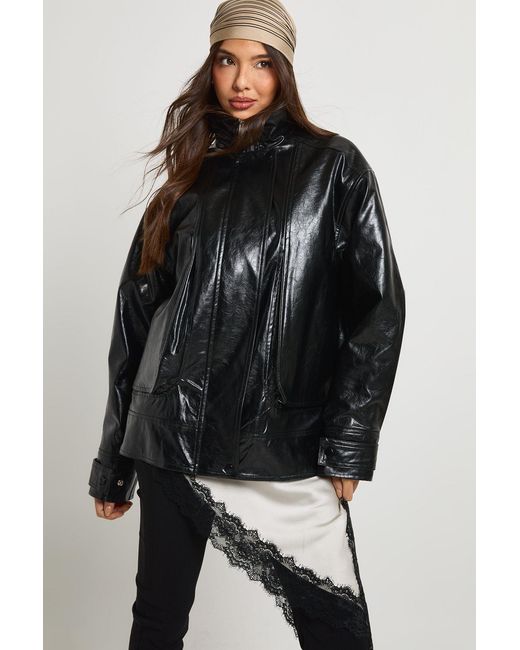 Boohoo Black Teddy Lined Faux Leather Bomber Jacket