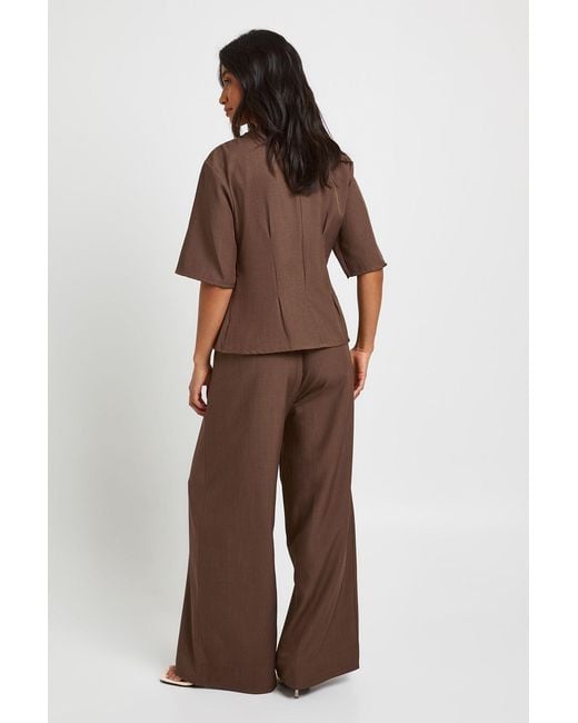 Boohoo Brown Petite Woven Marl Cinch Waist Top Wide Leg Trouser Co-Ord