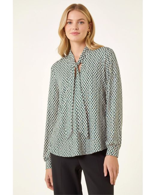 Roman Gray Geo Print Tie Front Tunic Top