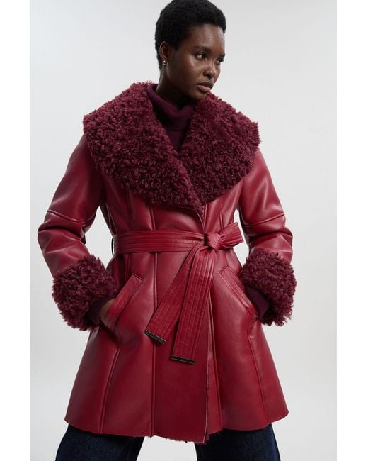Karen Millen Red Faux Long Fur Belted Cuff And Collar Coat