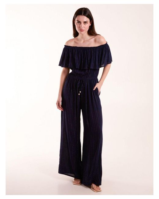 Blue Vanilla Blue Off-Shoulder Cheesecloth Jumpsuit