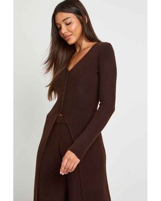 Boohoo Brown Longline Button Cardigan And Wide Leg Trouser Co-Ord