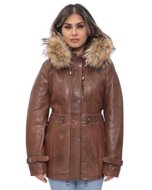 Infinity Leather Brown Hooded Parka Jacket-Putian