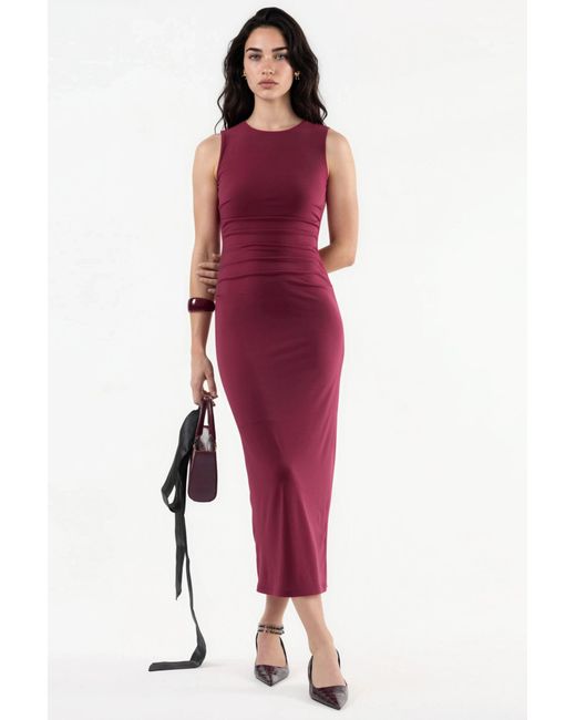 Hiccup Red Fitted Drape Detail Midi Dress With Crew Neck