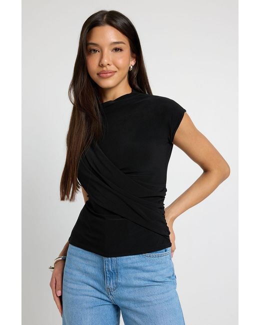 Boohoo Black Slinky Wrap Detail Short Sleeve Top