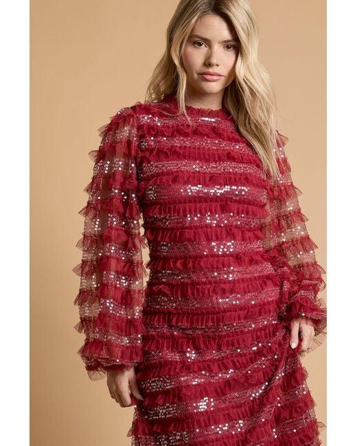 Oasis Red Long Sleeve Printed Mesh Midi Dress