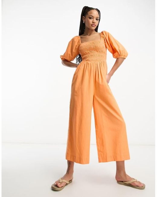 ASOS Orange Linen Look Shirred Puff Sleeve Jumpsuit