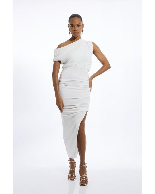 Karen Millen White Jersey Crepe Asymmetric Neckline Maxi Dress
