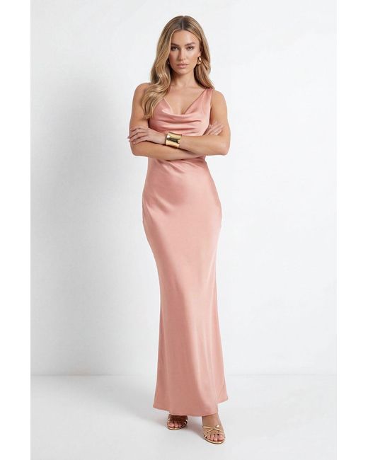 MissPap Natural Premium Satin Cowl Neck Fishtail Maxi Bridesmaid Dress
