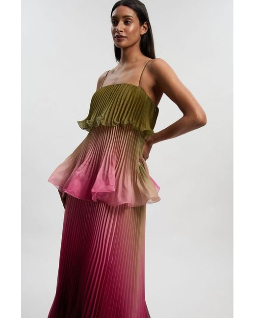 Karen Millen Red Pleated Slub Organdie Peplum Woven Maxi Dress