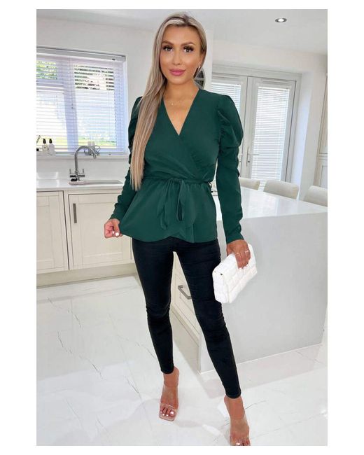 AX Paris Green Belted Wrap Long Sleeve Top